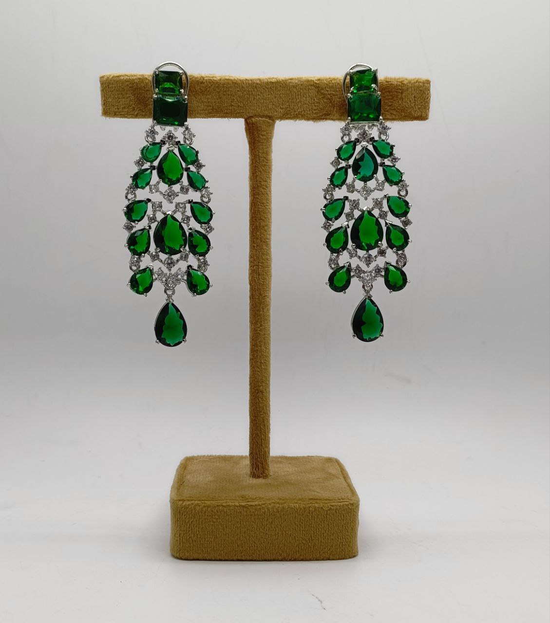 Rhodium plated green semi precious and american diamond earrings available  only at Pernias Pop Up Shop 2023
