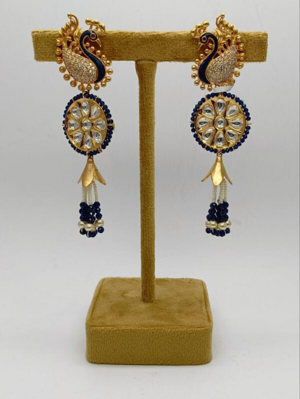Uncut Mosannite Kundan Earrings with Peacock Carving